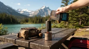 Compact manual coffee grinder packed for a Canadian wilderness camping trip, demonstrating why hand grinders win the electric coffee grinder vs manual grinder debate for travel.