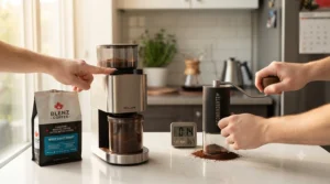Workflow comparison showing fast push-button operation of an electric coffee grinder versus the mindful pace of a manual grinder on a busy Canadian morning.