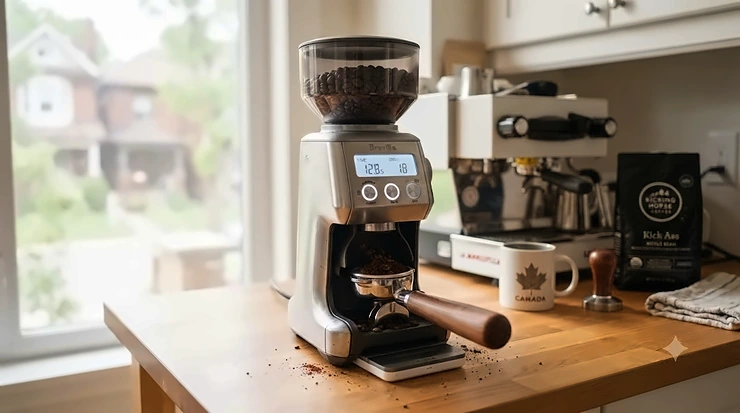 A sleek electric coffee grinder with a built-in digital timer sitting on a wooden countertop in a modern Canadian kitchen, ready for morning brewing.