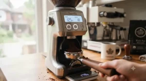 Close-up of the bean hopper on an electric coffee grinder filled with artisanal dark roast coffee beans, set against a bright window view.