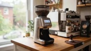 Side profile of an electric coffee grinder displaying its digital timer screen and custom grind settings dial in a cozy Canadian home kitchen.