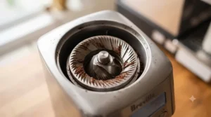 A detailed top-down view into the stainless steel burr grinding chamber of an electric coffee grinder with visible fresh coffee grounds.