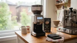 A complete home coffee brewing station featuring an electric coffee grinder with timer, digital scale, and manual pour-over gear in a sunlit kitchen.