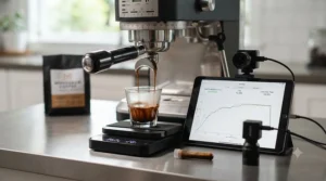 Measuring espresso flow rate to test coffee grind size consistency.