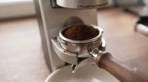 Rich espresso extraction using a stepless burr grinder.