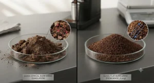 Visualizing clean, balanced espresso extraction with a 64mm flat burr set.