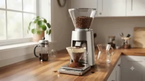 Featured Image: A well-lit, professional view of the complete stainless steel stepped burr grinder in a modern kitchen setting. / Image en vedette : Vue professionnelle et bien éclairée du moulin à meules cranté complet dans une cuisine moderne.
