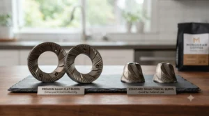 Diagram comparing internal burr sizes in premium vs. standard coffee grinders.
