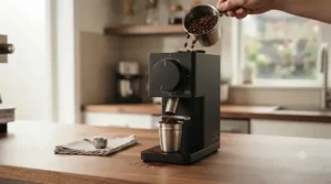 Compact 64mm flat burr grinder fitting perfectly on a standard kitchen counter.