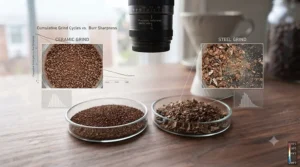 Recommended grind types for each burr material / Types de mouture recommandés par matériau.