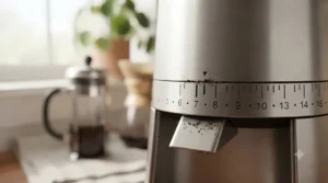 Fresh grounds being dispensed directly into a pour-over filter on a digital scale. / Mouture fraîche distribuée directement dans un filtre pour méthode "versez-sur" posé sur une balance numérique.