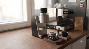 Modern minimalist home barista station with coffee grinder.