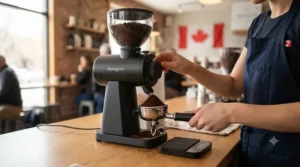 Barista using an 83mm flat burr grinder in a home cafe. Barista utilisant un moulin 83mm.