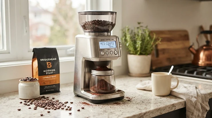 Stainless steel programmable coffee grinder on a modern Canadian kitchen counter, freshly grinding beans for morning drip coffee.