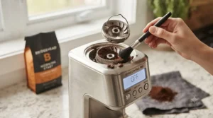 Maintenance demonstration showing how to clean the removable upper burr of a programmable coffee grinder.
