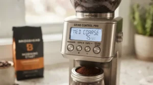 Close-up of the digital LCD screen on a programmable coffee grinder showing precise grind time and custom cup settings.