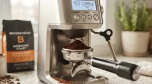 A programmable coffee grinder dispensing fresh espresso grounds directly into a portafilter for home baristas.