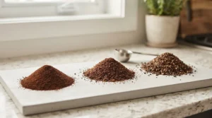 Visual spectrum of coffee grounds ranging from fine espresso powder to coarse French press, managed by a programmable coffee grinder.
