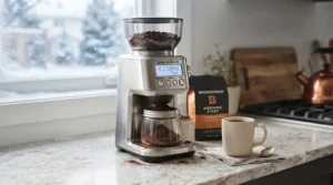 A warm cup of fresh coffee next to a programmable coffee grinder during a snowy Canadian winter morning.