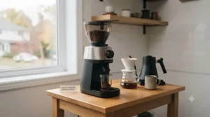 A quiet-operating electric burr grinder running smoothly early in the morning in a peaceful Canadian home kitchen.