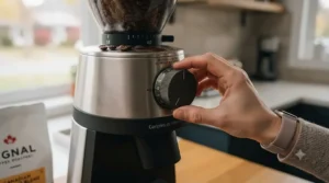 Weighing fresh specialty coffee beans on a digital scale before pouring them into a single-dose electric burr grinder hopper.