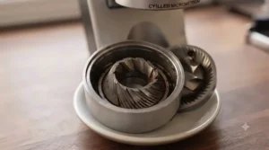 High-quality stainless steel burrs in a home coffee grinder.