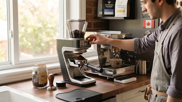 Stepless burr grinder for a professional home barista setup. stepless burr grinder home barista