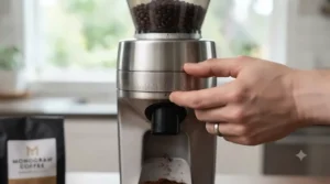 Smooth adjustment dial on a stepless coffee grinder for precise espresso dialing.