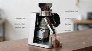 Cutaway of a conical burr grinder showing vertical bean funnel.