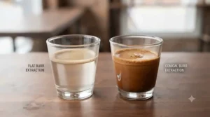 Close-up of espresso shots: flat burr clarity and conical body.