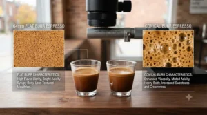 Infographic on 64mm flat burr flavor clarity vs conical body.