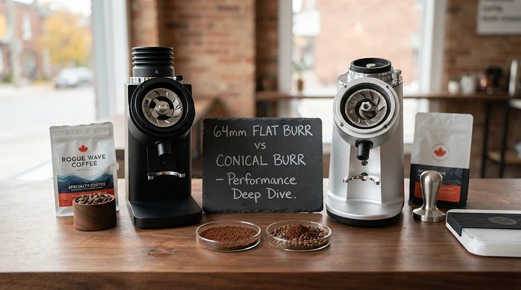 Comparison of 64mm flat burr vs conical burr coffee grinders.