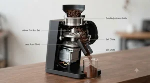 Diagram of a 64mm flat burr grinder showing internal alignment.