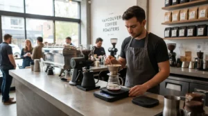 A clear backlit screen on a coffee scale for pour over showing accurate measurements in dim morning light.