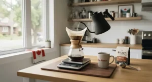 An optimized coffee brewing station featuring a modern digital scale next to a kettle in a cozy Canadian home.
