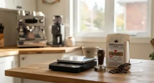 Top-tier espresso dosing scale displayed with local Canadian roasted coffee beans and tamper