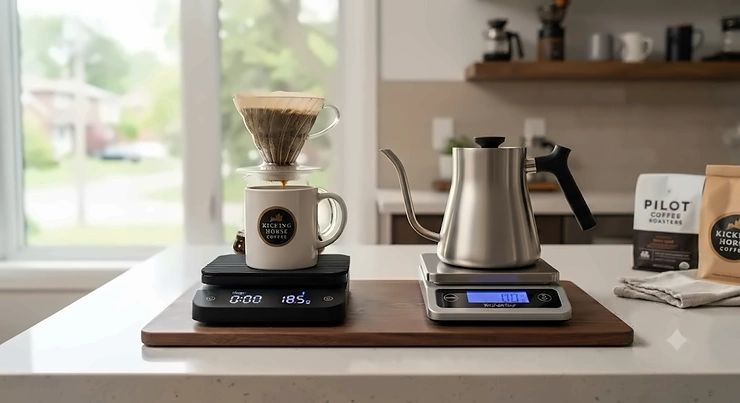 A Bluetooth coffee scale and a standard digital coffee scale side by side on a modern Canadian kitchen counter. bluetooth coffee scale vs digital coffee