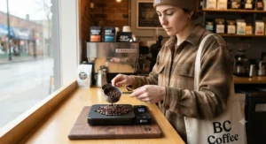 A Canadian coffee enthusiast weighing espresso beans using a precision Bluetooth-enabled digital scale.