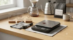 Care and maintenance illustration showing how to clean a digital coffee scale for beginners safely.