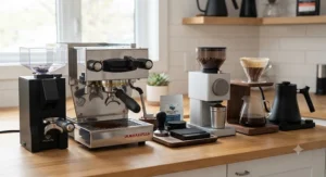 Diagram comparing internal burr mechanisms and ground retention in an espresso grinder versus a pour-over grinder.