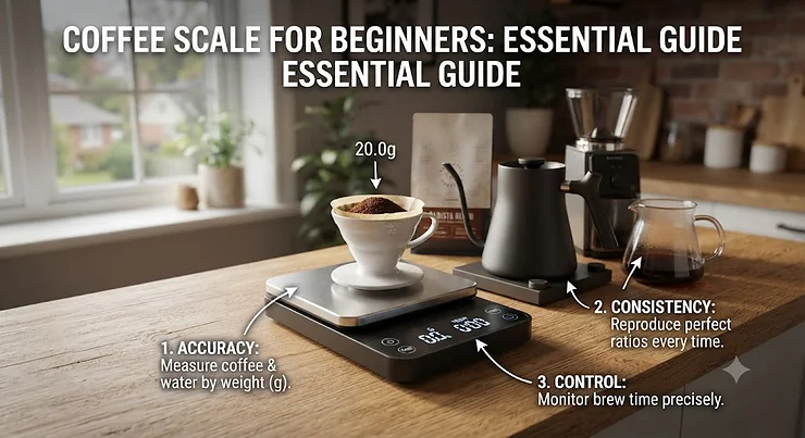 An introductory guide graphic explaining what a coffee scale for beginners looks like and why it is essential for home brewing.
