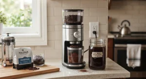 A cold brew coffee grinder placed beside a glass mason jar filled with cold brew concentrate.