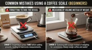 Helpful graphic outlining common mistakes when using a coffee scale for beginners, such as forgetting to tare the vessel.