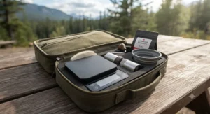 A portable, lightweight coffee scale for pour over packed neatly into a manual coffee brewing travel kit.