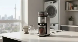 A sleek, space-saving electric cold brew coffee grinder ideal for small Canadian apartments and condos.