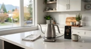Compact electric gooseneck kettle ideal for small Canadian apartments and condo kitchens.