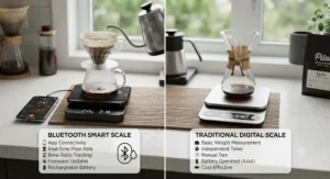 Illustration comparing features of a smart Bluetooth coffee scale versus a traditional digital coffee scale for home baristas.