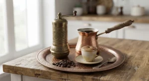 A complete Turkish coffee kit featuring a traditional grinder, copper cezve, and roasted coffee beans arranged on a tray.