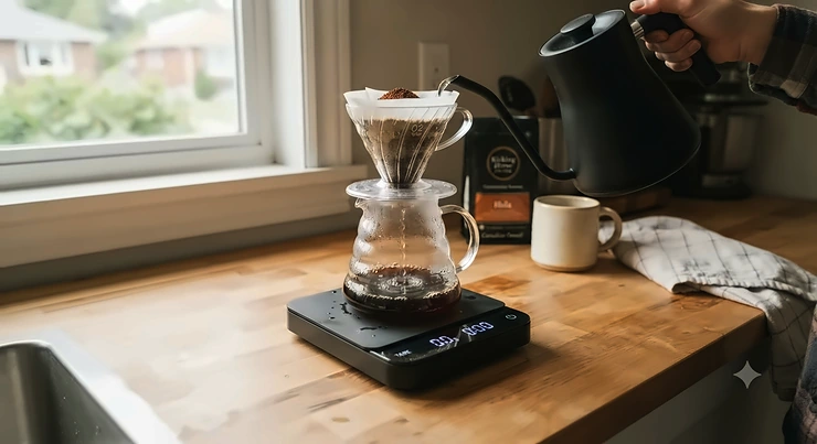 A sleek digital coffee scale for pour over brewing resting on a natural wood kitchen counter in a Canadian home.
