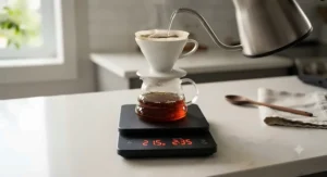 Close-up of a digital coffee scale LED screen showing exact weight and timer during a morning brew.